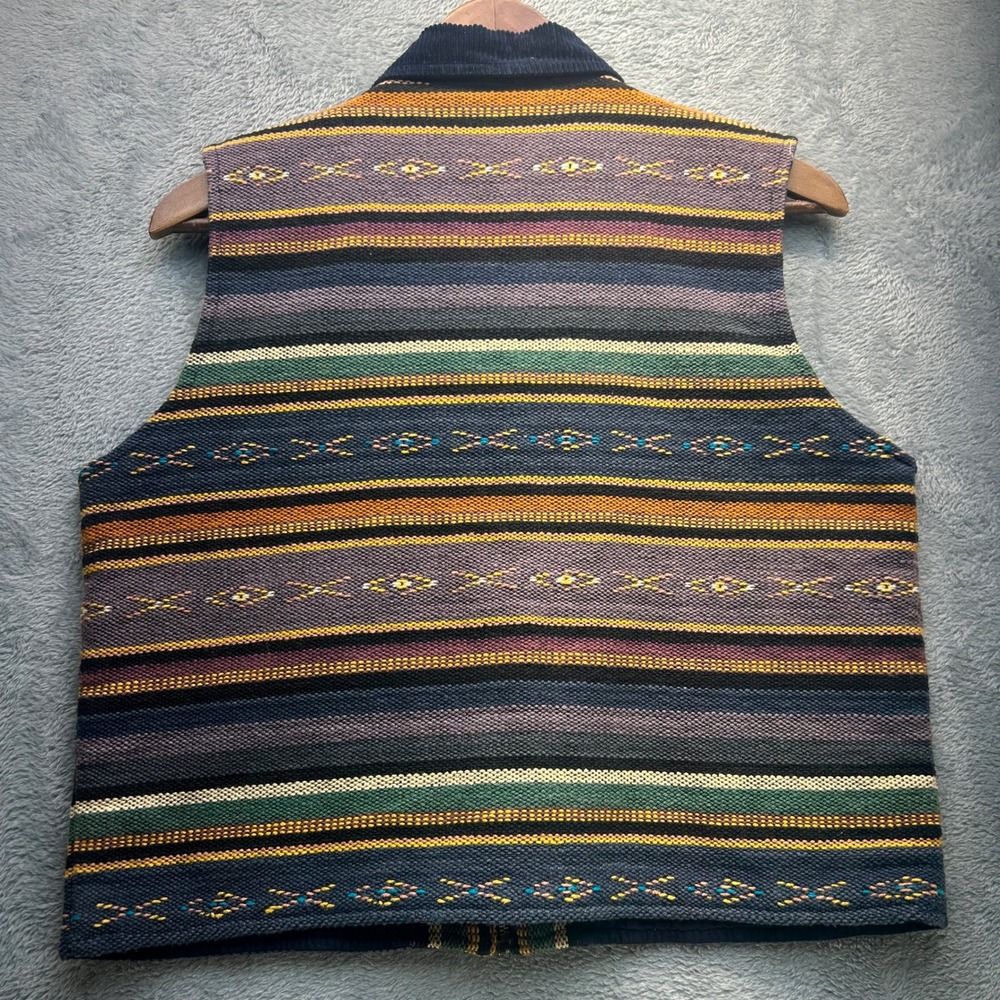 Vintage Y2K Southwestern Striped Woven Cotton Vest Blue Corduroy Collar Large - Picture 8 of 9